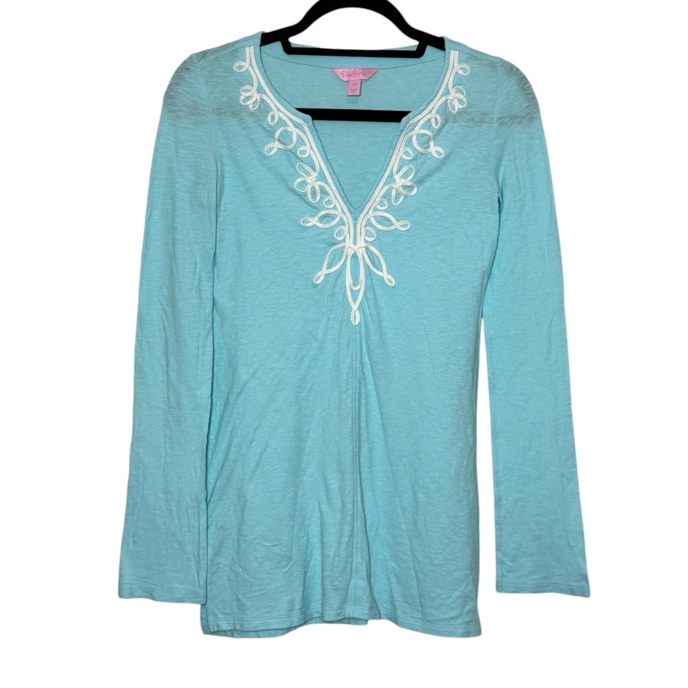 Lilly Pulitzer Tunic Shirt Size XS Spa Blue Embroidered V Neck